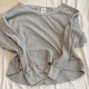 Gray Waffle Knit Long Sleeve Top Off Shoulder
